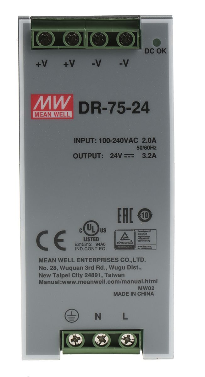 DR 75 24 Mean Well DR Switch Mode DIN Rail Panel Mount Power Supply