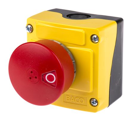BACO Emergency Button, Pull to Reset, Red/Yellow/Black 40mm Mushroom Head