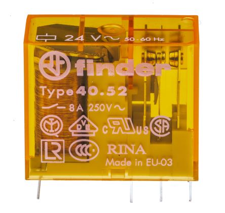 Finder DPDT PCB Mount Non-Latching Relay, 24V ac Coil 8 A