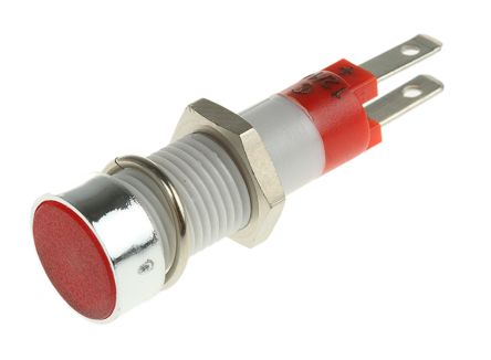 Flush Indicator Panel Mount, 8mm Mounting Hole Size, Red LED, Tab Termination, 9 mm Lamp Size, 12 &#8594; 14 V