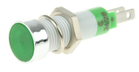 Flush Indicator Panel Mount, 8mm Mounting Hole Size, Green LED, Tab Termination, 9 mm Lamp Size, 24 &#8594; 28 V