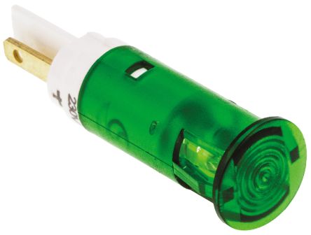 Flush Indicator Panel Mount, 10mm Mounting Hole Size, Green LED, Tab Termination, 12 mm Lamp Size, 230 V
