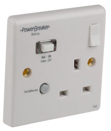 Power Breaker PowerBreaker H 13A, BS Fixing, Passive, Single Gang RCD Socket, Polycarbonate, Surface Mount, Switched
