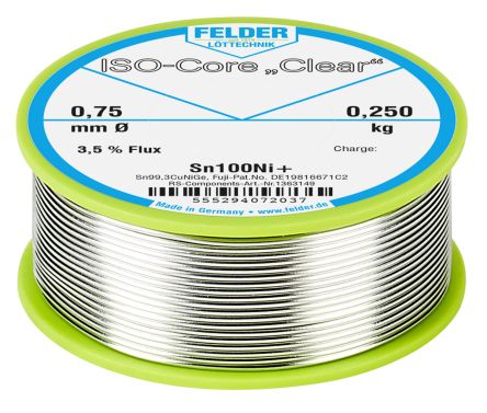 Felder Lottechnik 0.75mm Wire Lead Free Solder, 227&#176;C Melting Point, 0.07% Lead, 99.25% Tin, 0.06% Silver, 0.25kg