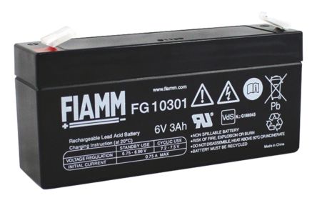 Fiamm FG10301 6V Lead Acid Battery, 3Ah
