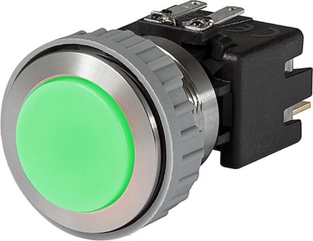 DPST-NO Latching Push Button Switch, IP64 (Front); IP00 (Rear), 22mm, Panel Mount Green LED