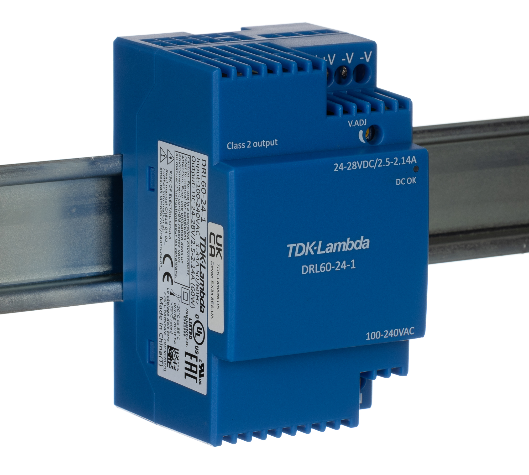 DRL60-24-1 | TDK-Lambda DRL-60 Switched Mode DIN Rail Power Supply, 85 →  264V ac ac Input, 24V dc dc Output, 2.5A Output, 60W | RS