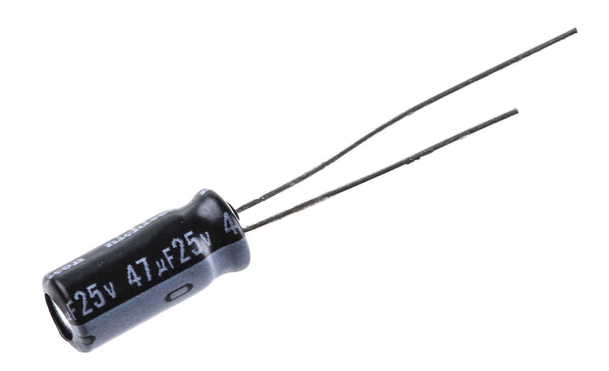 UVR1E470MDD | ニチコン 47μF,25V dc コンデンサ, ラジアル