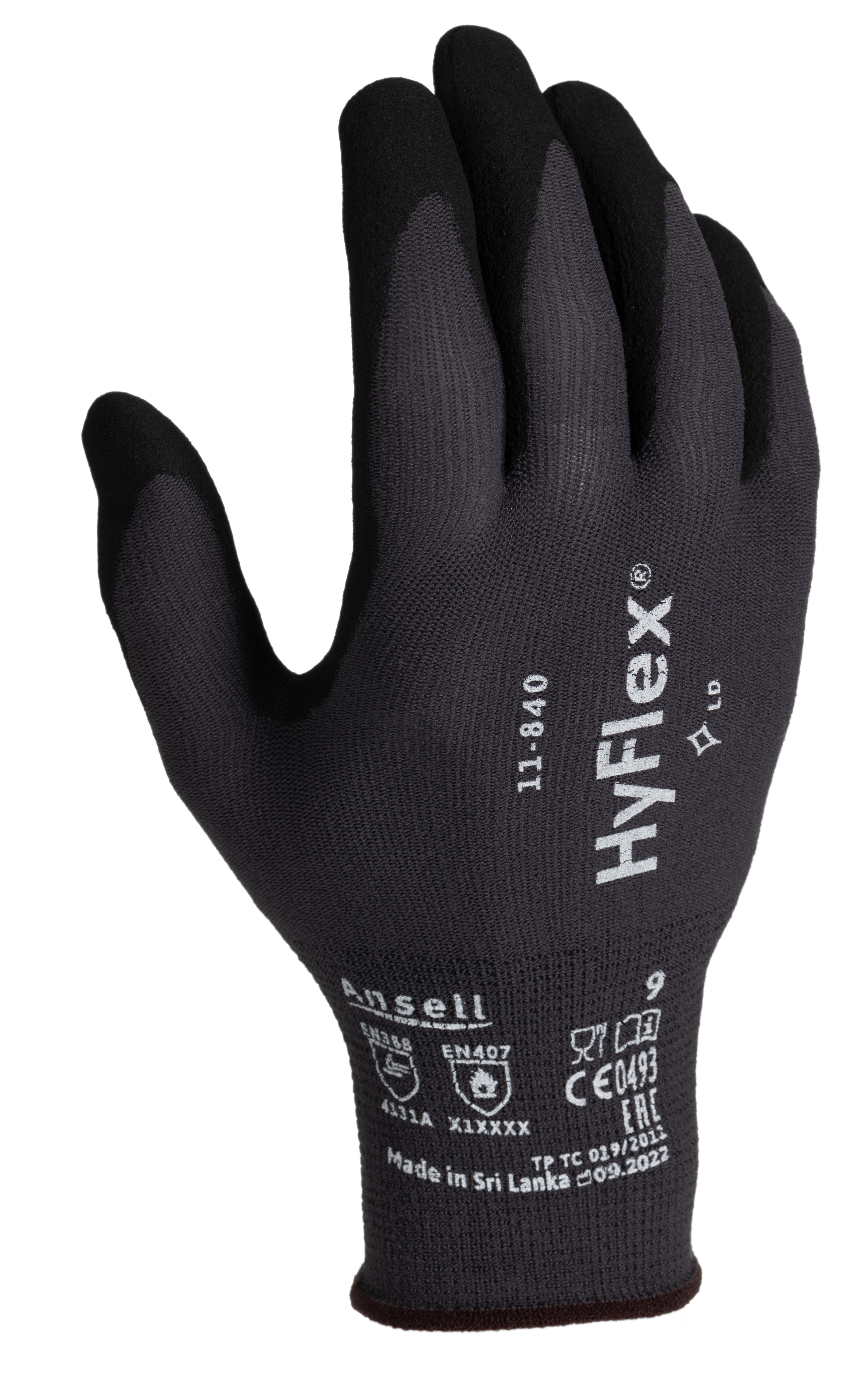 Ansell HyFlex 11 840 Grey Nylon Spandex General Purpose Work Gloves Size 9 Nitrile Coating