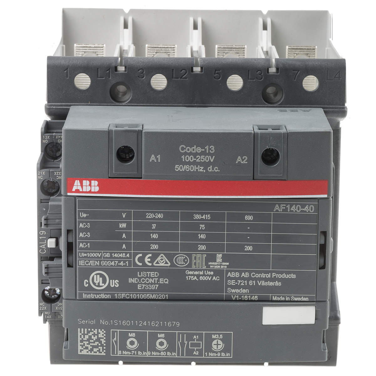 ABB AF140-40-11B-13 AF Contactor, 230 V ac Coil, 4-Pole, 200 A, 75 kW, 4NO, 690 V ac ABB AF140-40-11B-13 AF Contactor, 230 V ac Coil, 4-Pole, 200 A, 75 kW, 4NO, 690 V ac