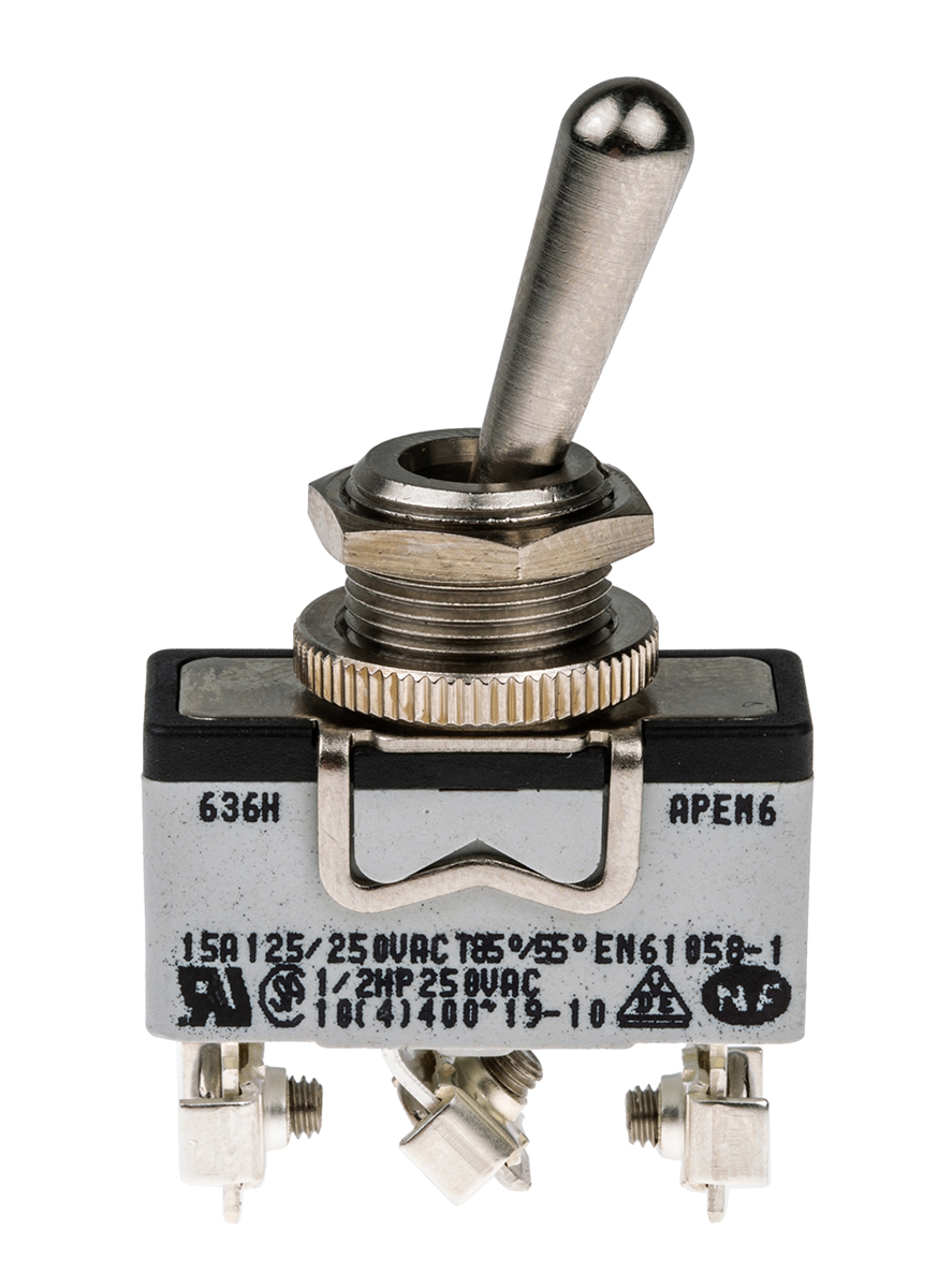 636H | APEM トグルスイッチ, On-On, SPDT, 15 A, パネル