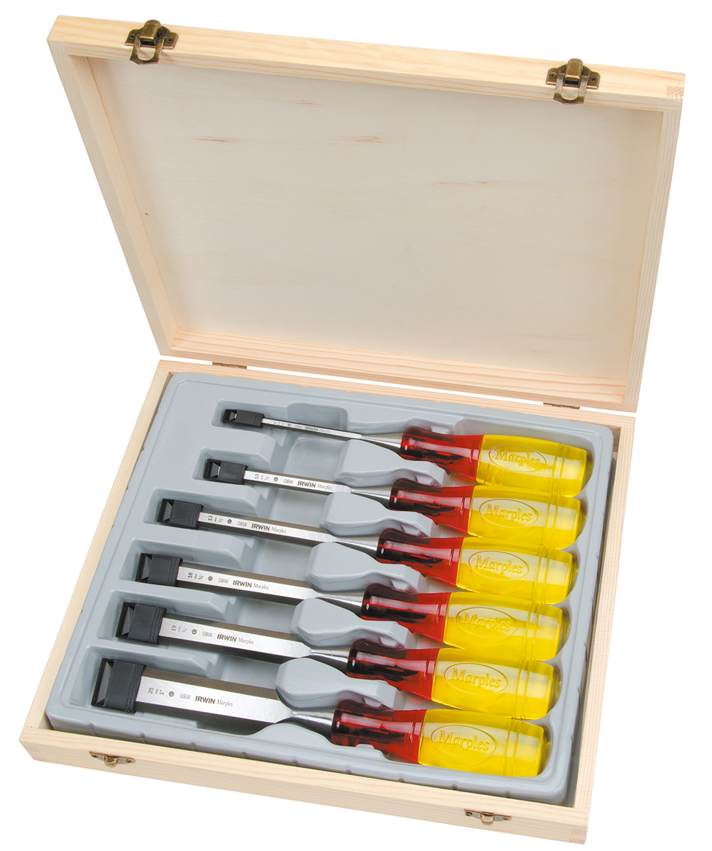 Irwin 6 Piece Steel Bevel Edge Chisel Set 6.36 mm 9.53 mm 12.7 mm 19.05 mm 25.04 mm 31.75 mm Blade Width