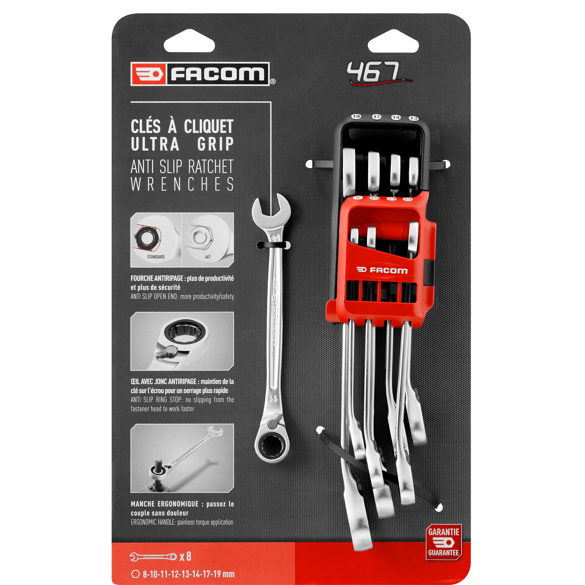 Facom 467 B open end wrenches with ratchet Series 8 Piece Combination Ratchet Spanner Set 8 19 Chrome