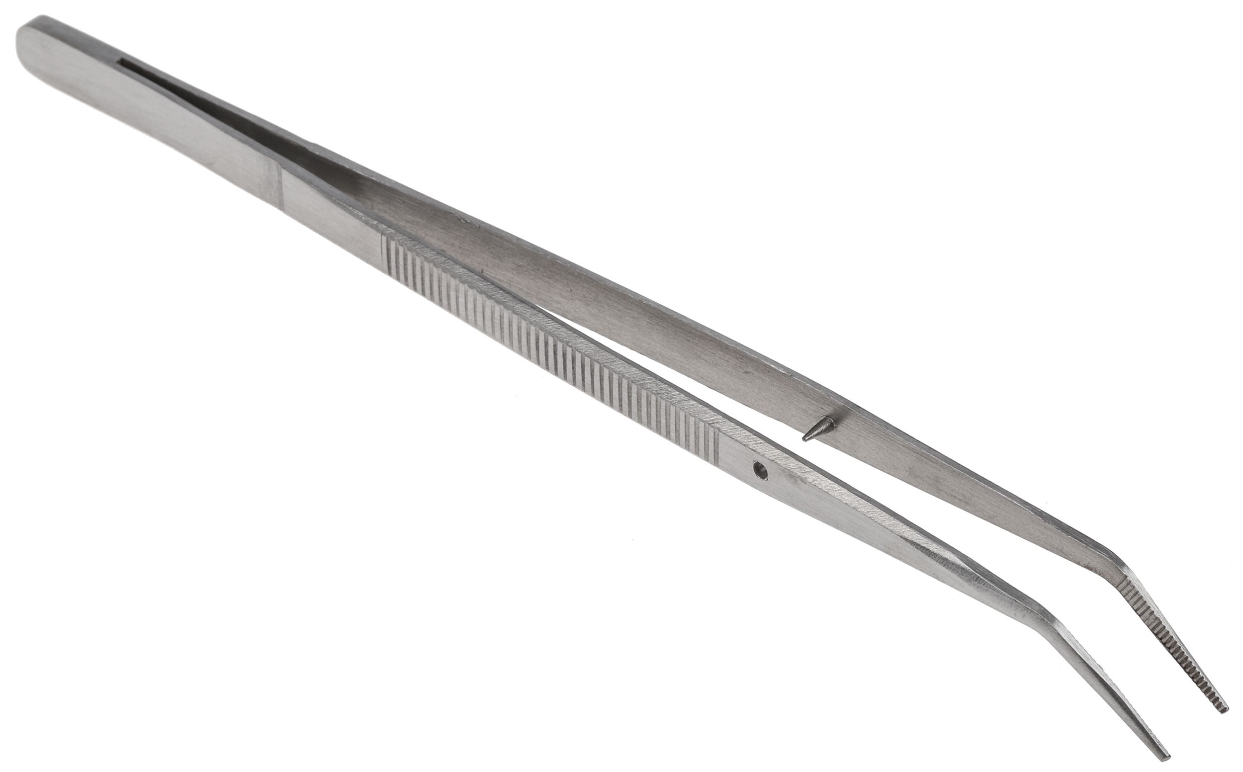 RS PRO 150 mm, Stainless Steel, Fine' Serrated' Bent, Tweezers