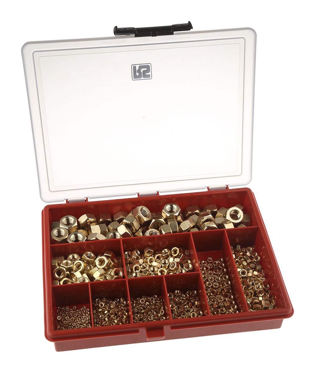 RS PRO Brass Hex Full Nuts Box, 1070 Pieces