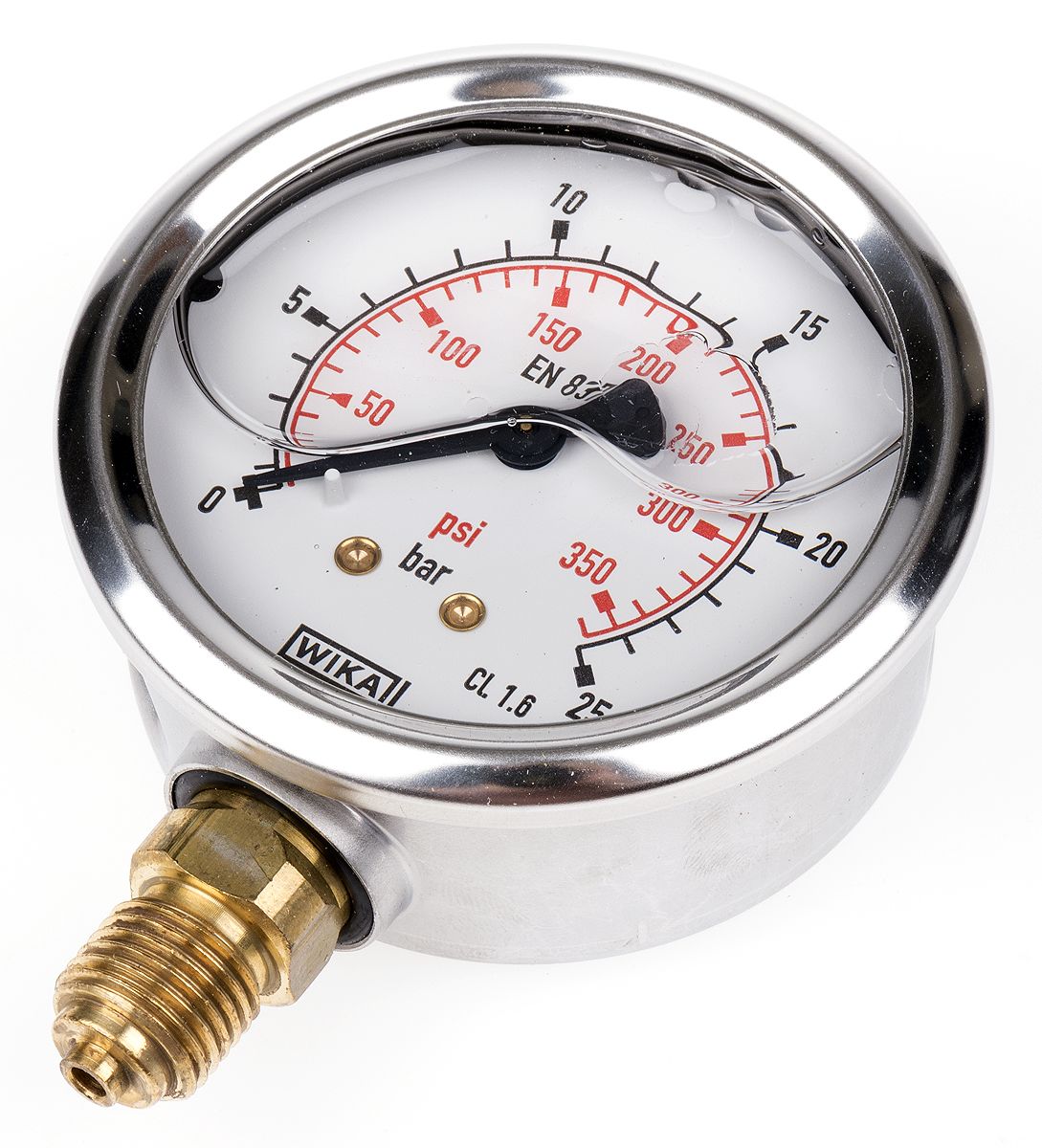 WIKA 9626918 Analogue Positive Pressure Gauge Bottom Entry 25bar, Connection Size G 1/4