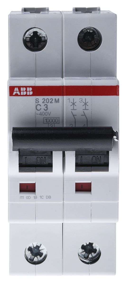 ABB System Pro M Compact S200M MCB, 2P Poles, 3A Curve C, 440V AC, 125V DC, 10 kA Breaking Capacity, MCB