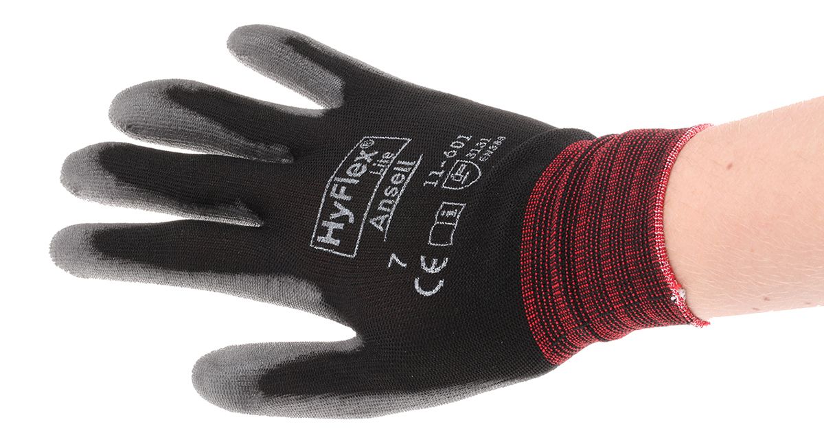 Ansell HyFlex 11-601 Black General Purpose Work Gloves, Size 7, Small, Nylon Lining, Polyurethane Coating