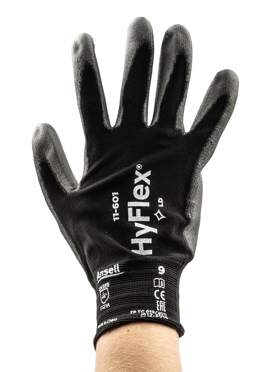 Ansell HyFlex 11-601 Black General Purpose Work Gloves, Size 9, Large, Nylon Lining, Polyurethane Coating