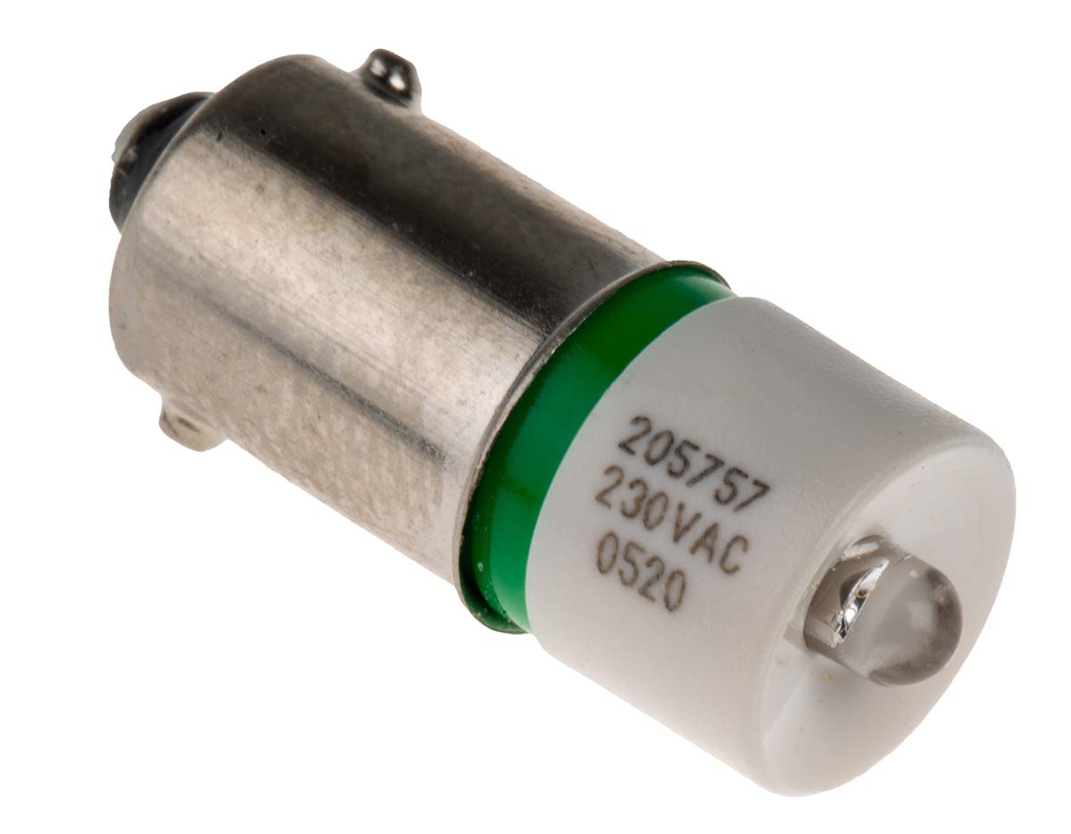 LED Indicator Lamp, BA9s, Green, Single Chip, 10mm dia., 230V ac