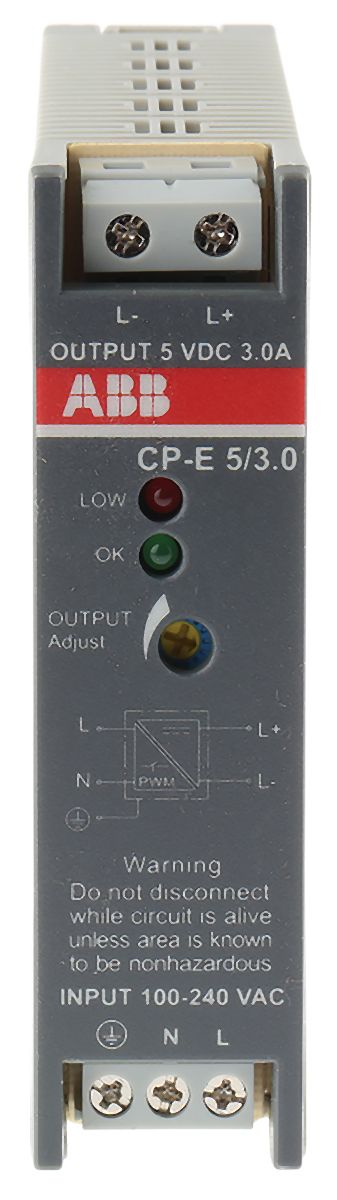 ABB CP-E Switch Mode DIN Rail Power Supply, 90 → 264V ac ac, dc Input, 5V dc dc Output, 3A Output, 15W