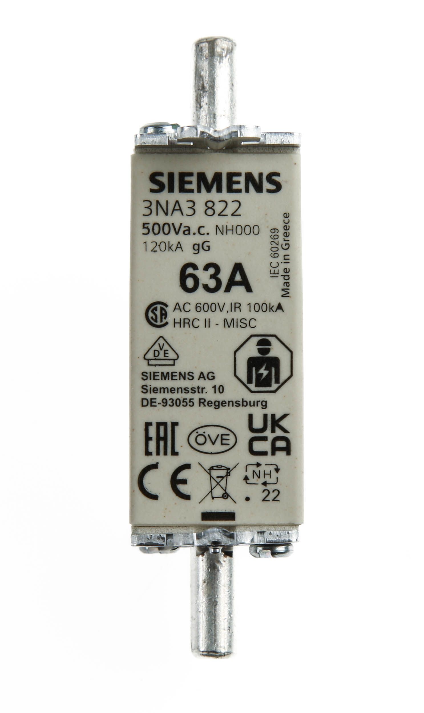 Fusible BS88 à pattes centrées Siemens 000, 63A, gG 500V c.a.