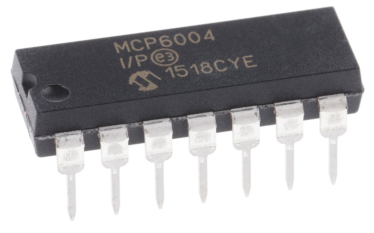 MCP6004-I/P Microchip, Op Amp, RRIO, 1MHz, 3 V, 5 V, 14-Pin PDIP