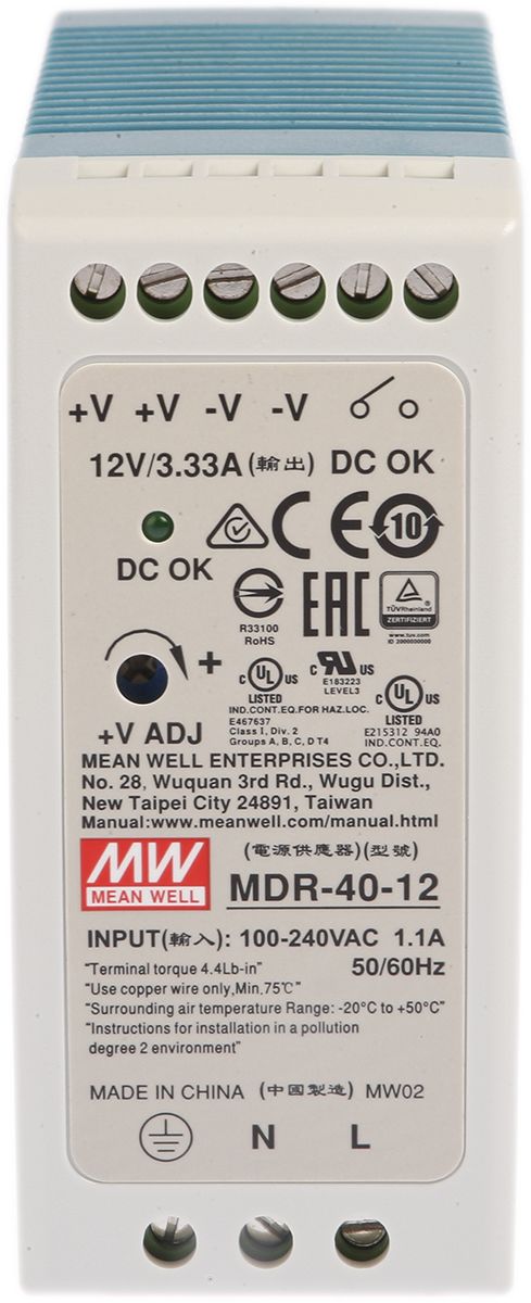 Mean Well MDR Switch Mode DIN Rail Power Supply, 85 → 264V ac ac Input, 12V dc dc Output, 3.33A Output, 40W