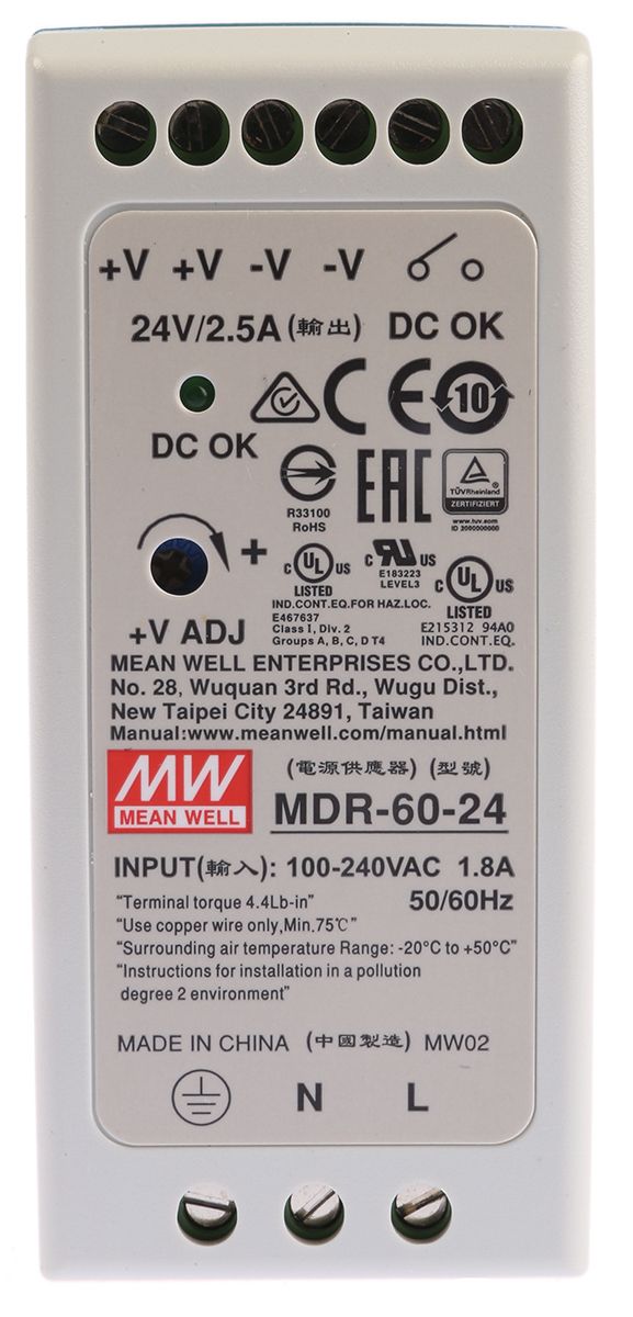 Mean Well MDR DIN-Schienen Netzteil, 85 → 264V ac, 24V dc / 2.5A 60W Typ Switch Mode 1-Phasen
