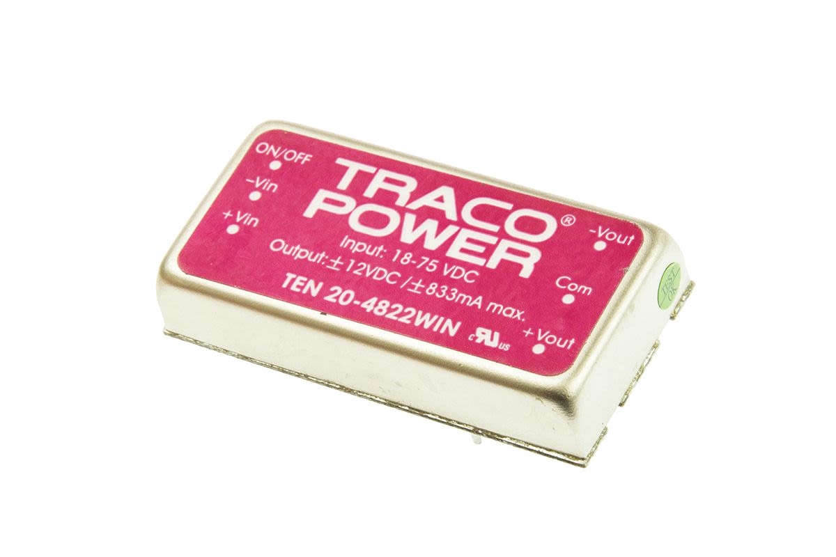 TRACOPOWER TEN 20WIN DC-DC Converter, ±12V dc/ ±835mA Output, 18 → 75 V dc Input, 20W, Through Hole