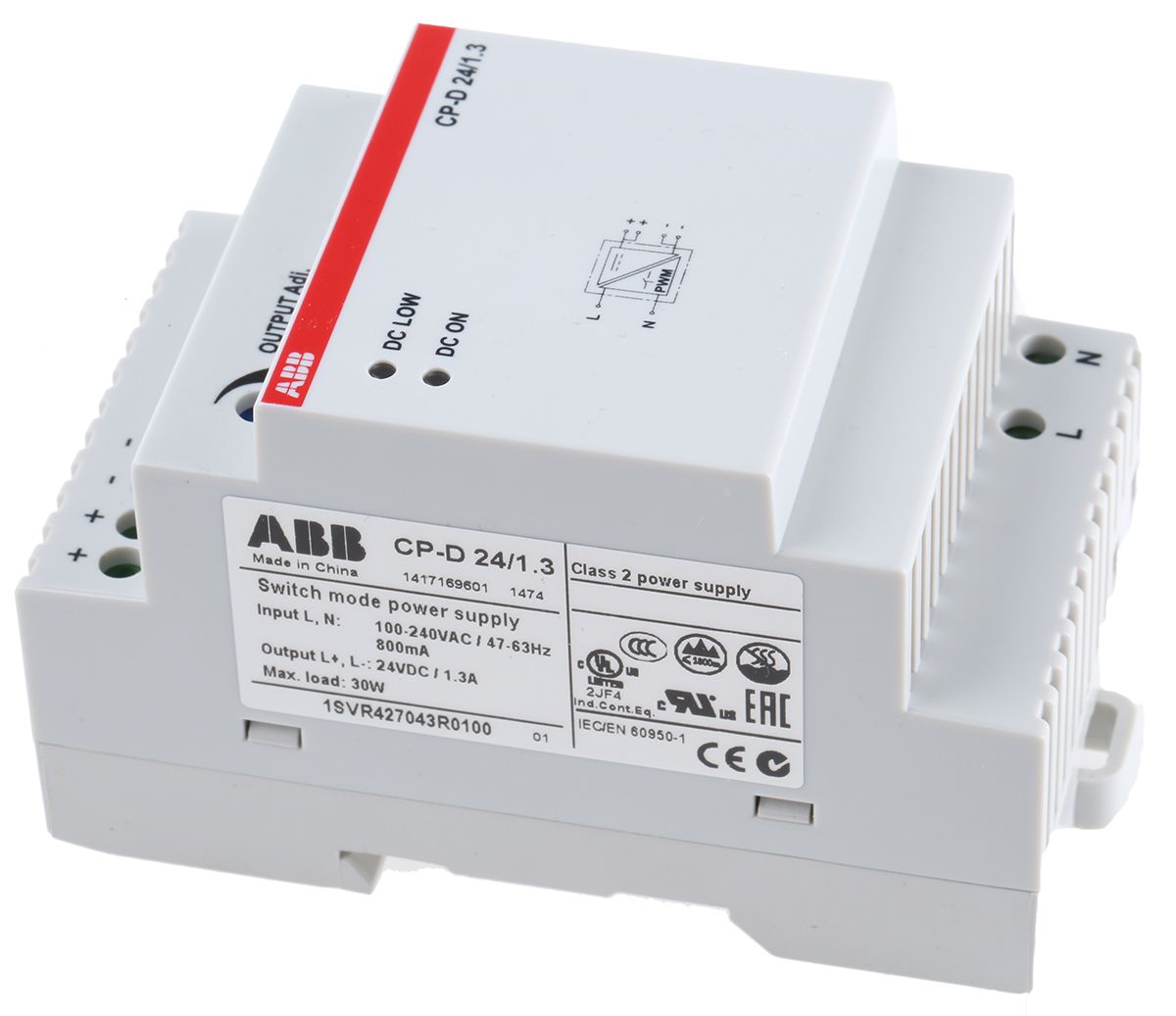 ABB CP-D Switch Mode DIN Rail Power Supply, 90 → 264V ac ac, dc Input, 24V dc dc Output, 1.3A Output, 30W