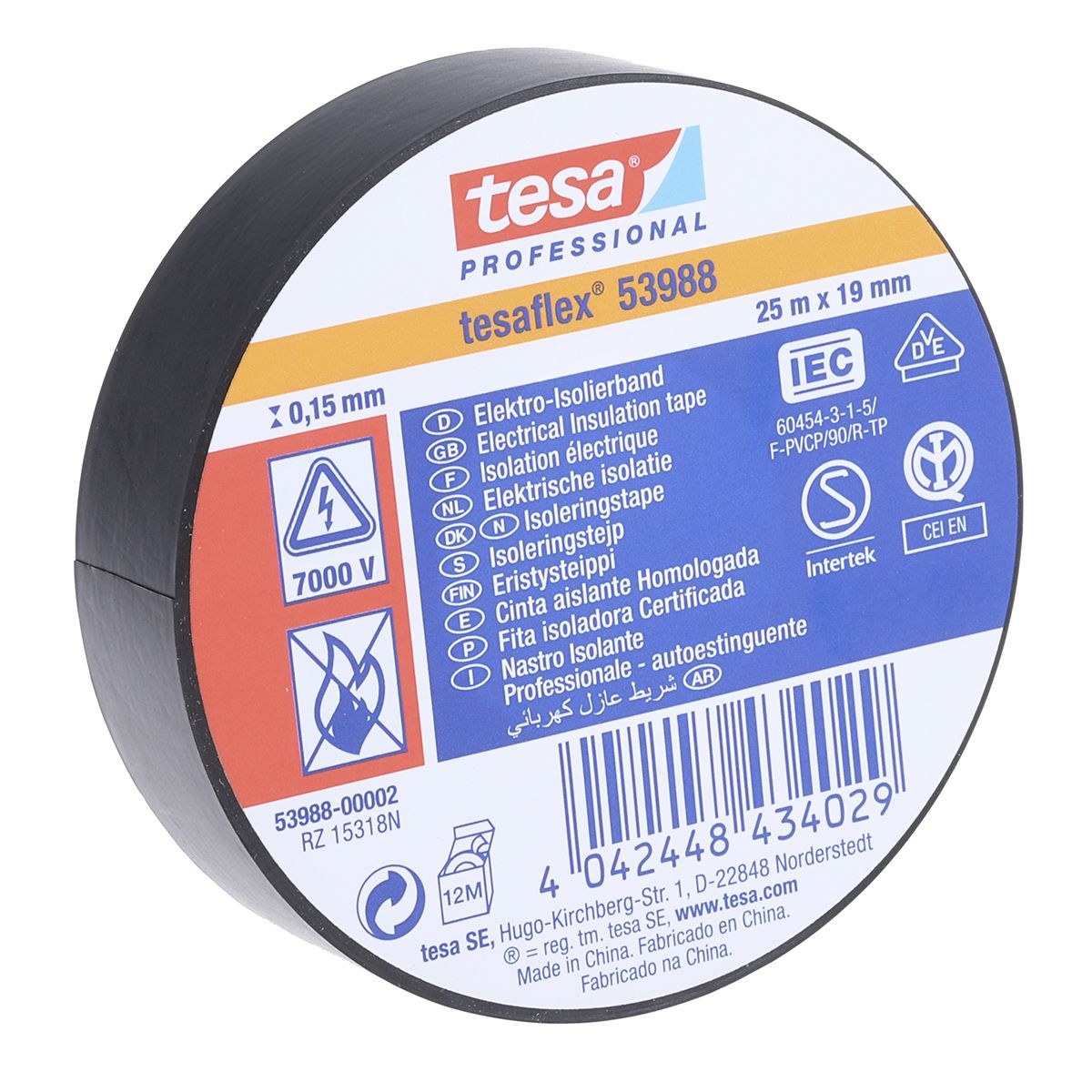 Elektrikářská páska, Černá PVC 5000V 19mm x , délka: 25m tloušťka 0.15mm 53988 Tesa