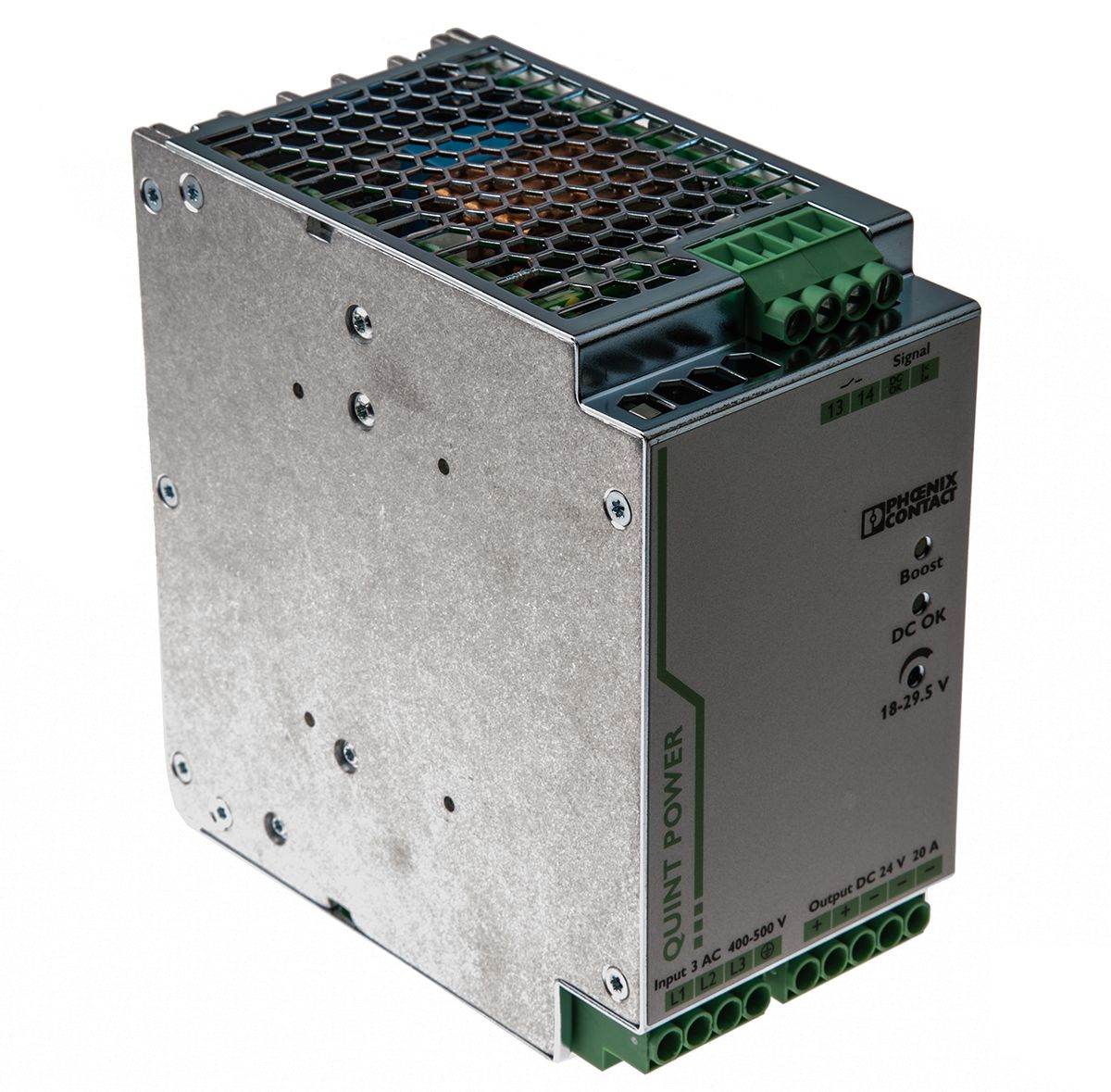 Phoenix Contact QUINT-PS/3AC/24DC/20 Switch Mode DIN Rail Power Supply 400V ac Input, 24V dc Output, 20A 480W