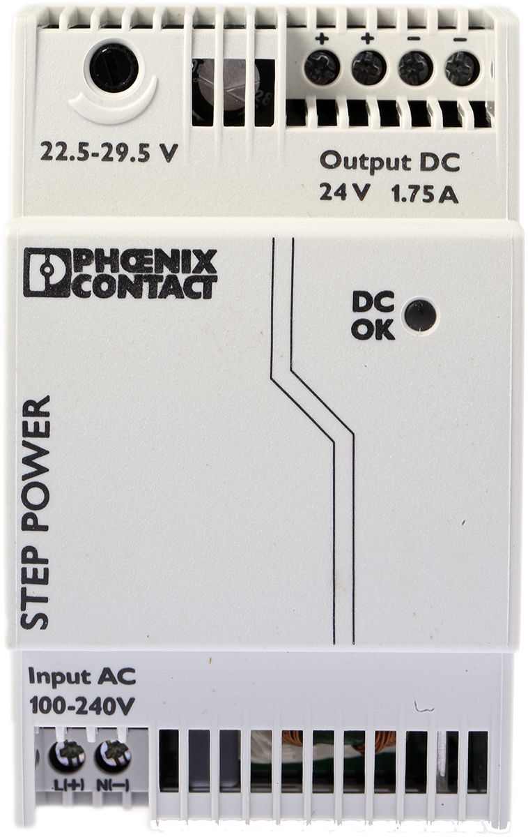 Phoenix Contact STEP-PS/1AC/24DC/1.75 Switch Mode DIN Rail Power Supply, 85 → 264V ac ac Input, 24V dc dc