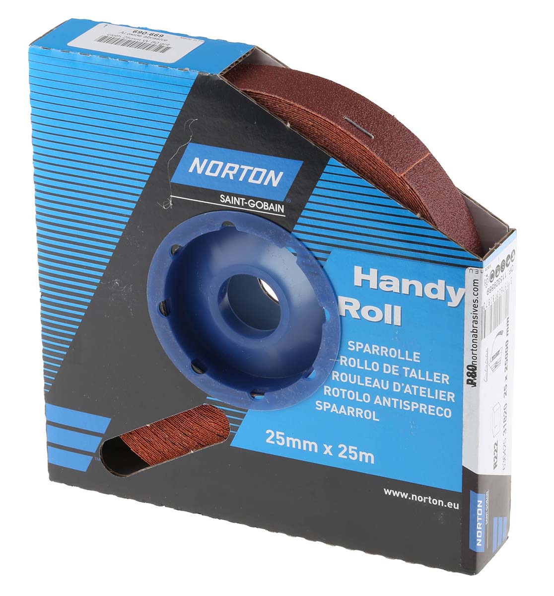 63642531820 Norton P80 Grit Medium Sandpaper Roll, 25m x 25mm RS