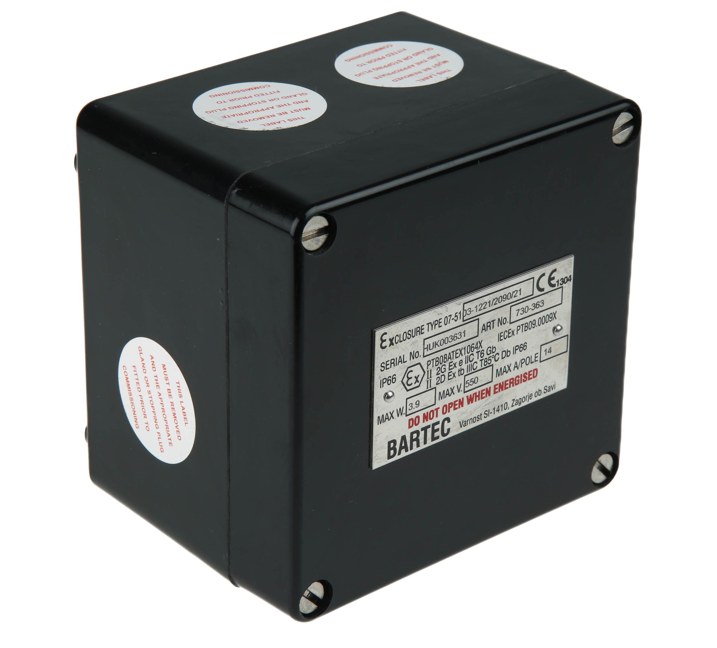 Bartec GB Series Black Junction Box, IP66, 10 Terminals, ATEX, 122 x 120 x 90mm