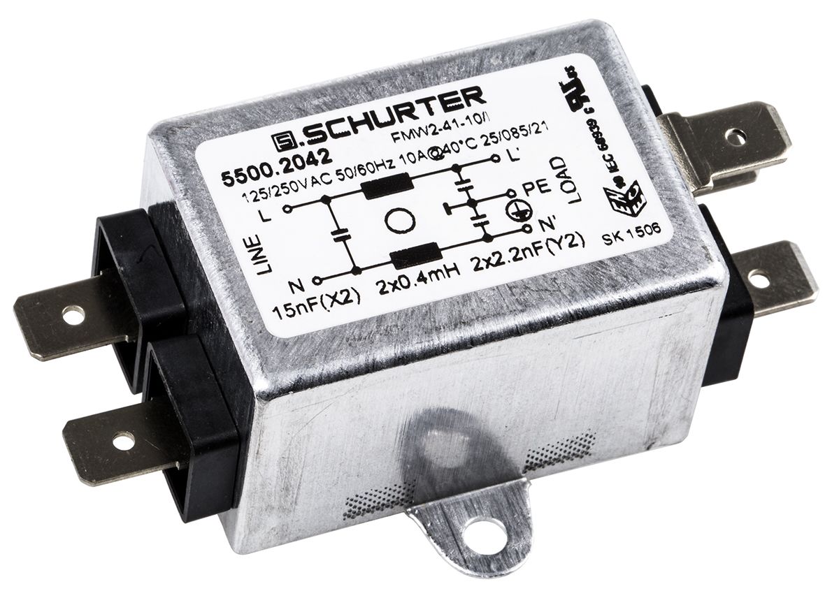 Schurter, FMW2 10A 250 V ac 60Hz, Flange Mount RFI Filter, Solder Tab, Single Phase