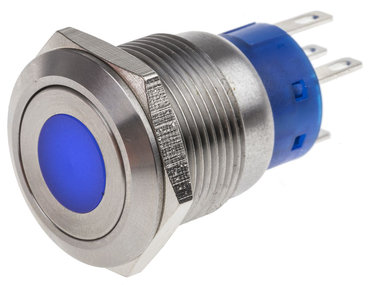 RS PRO Illuminated Latching Push Button Switch, Panel Mount, SPDT, 19.2mm Cutout, Blue LED, 250V