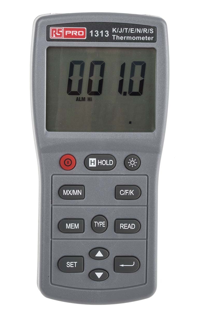RS PRO 1313 Wired Digital Thermometer, E, J, K, N, R, S, T Probe, 1 Input(s), +1090 (J) °C, +1300 (N) °C, +1370 (K) °C,