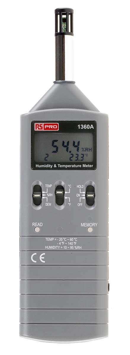 RS PRO RS1360A Handheld Hygrometer, ±3 %RH Accuracy, +140 °F, +60 °C Max, 95%RH Max, RS Calibration