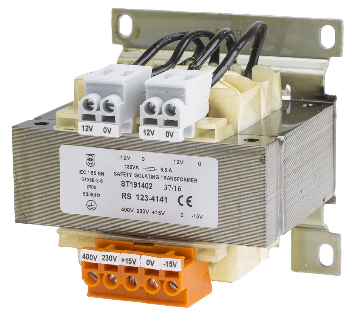 RS PRO 130VA DIN Rail Transformer, 230 → 400V ac Primary, 2 x 12V ac