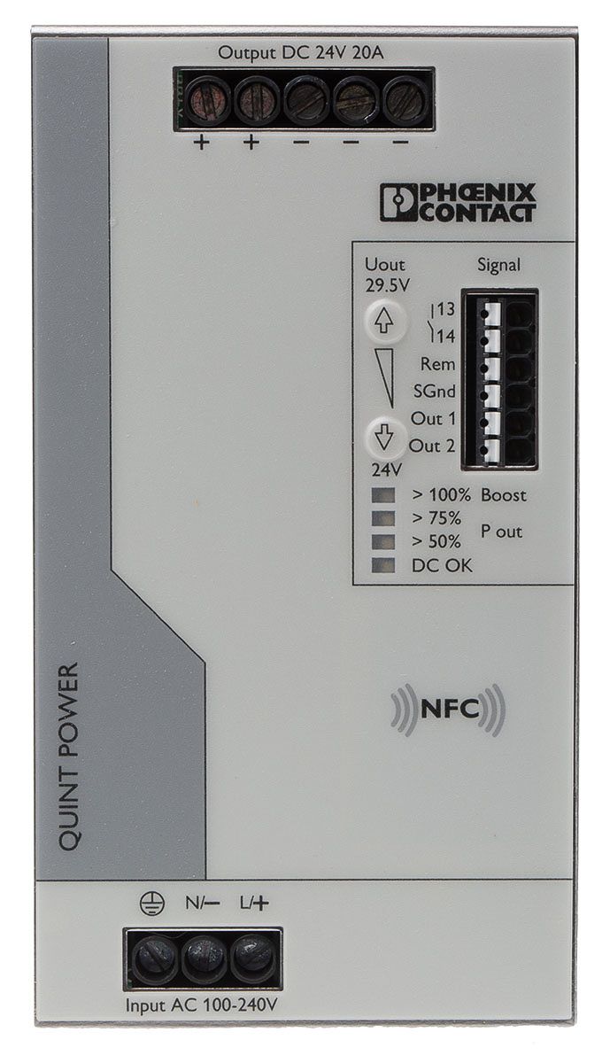 Phoenix Contact QUINT4-PS/1AC/24DC/20 Switch Mode DIN Rail Power Supply, 100 → 240 V dc, 110 → 250 V dc
