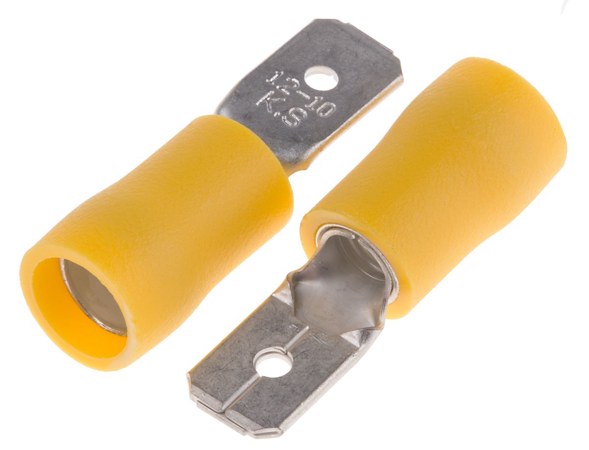 RS PRO Yellow Insulated Male Spade Connector, Tab, 6.35 x 0.8mm Tab