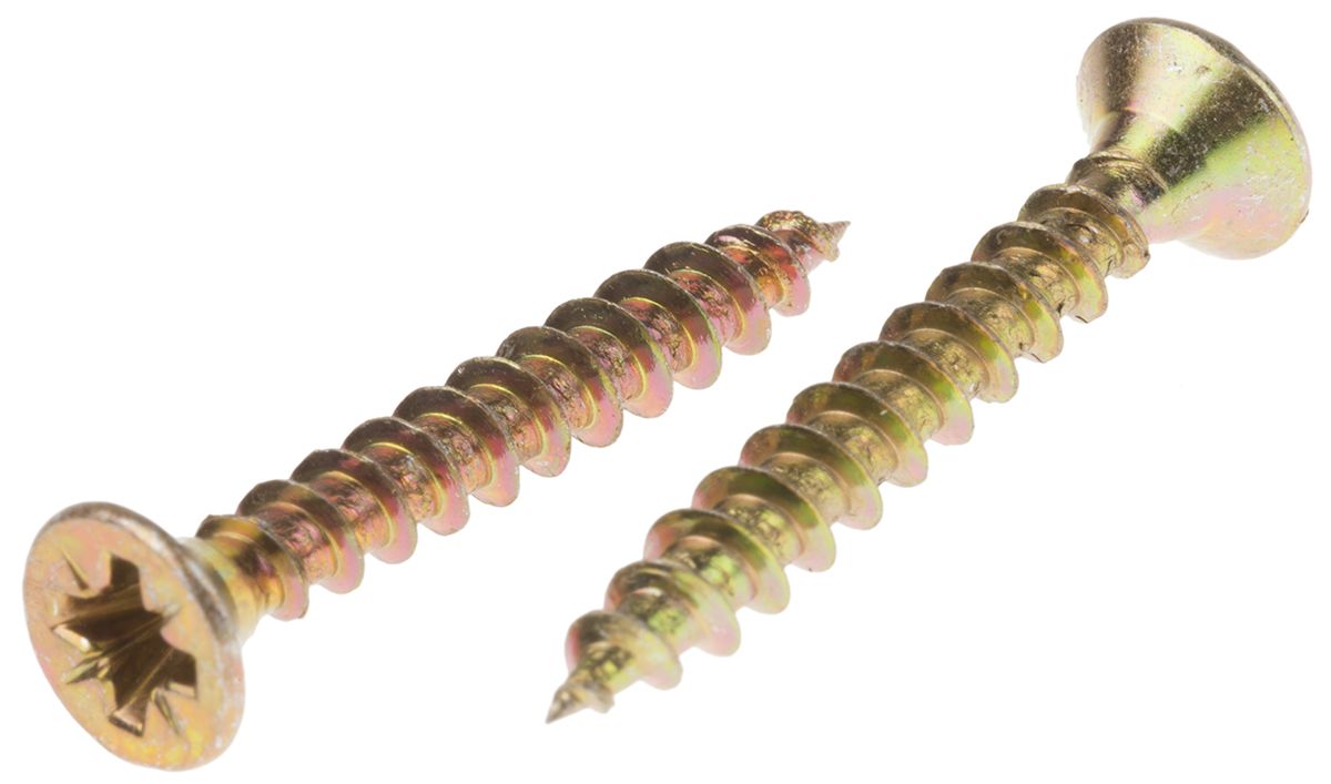 RS PRO Pozidriv Countersunk Steel Wood Screw Yellow Passivated, Zinc Plated, 4mm Thread, 30mm Length