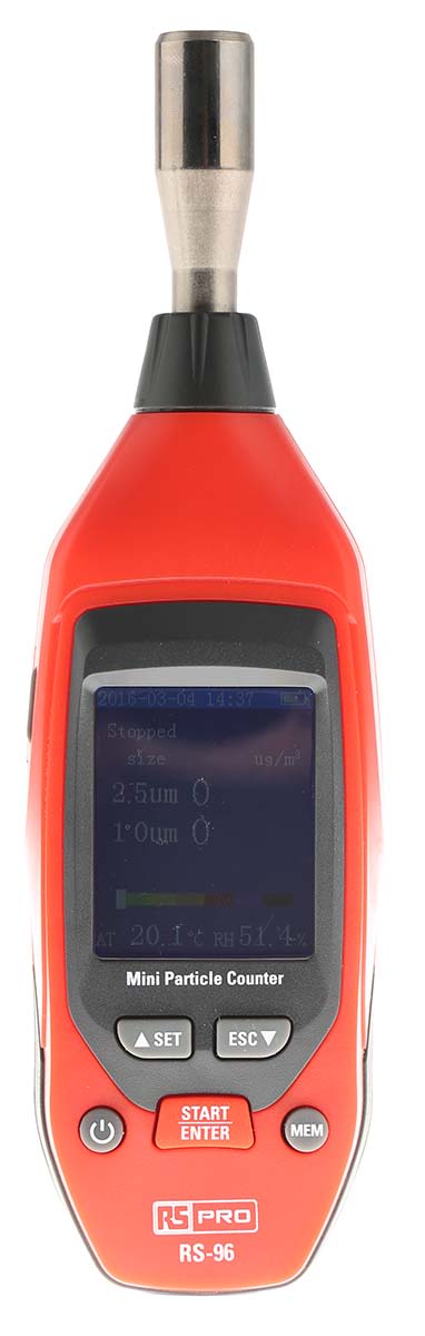 RS PRO RS-96 Air Quality Meter for Humidity, PM 2.5, PM 10, Temperature, +122 °F, +50 °C Max, 100%RH Max,