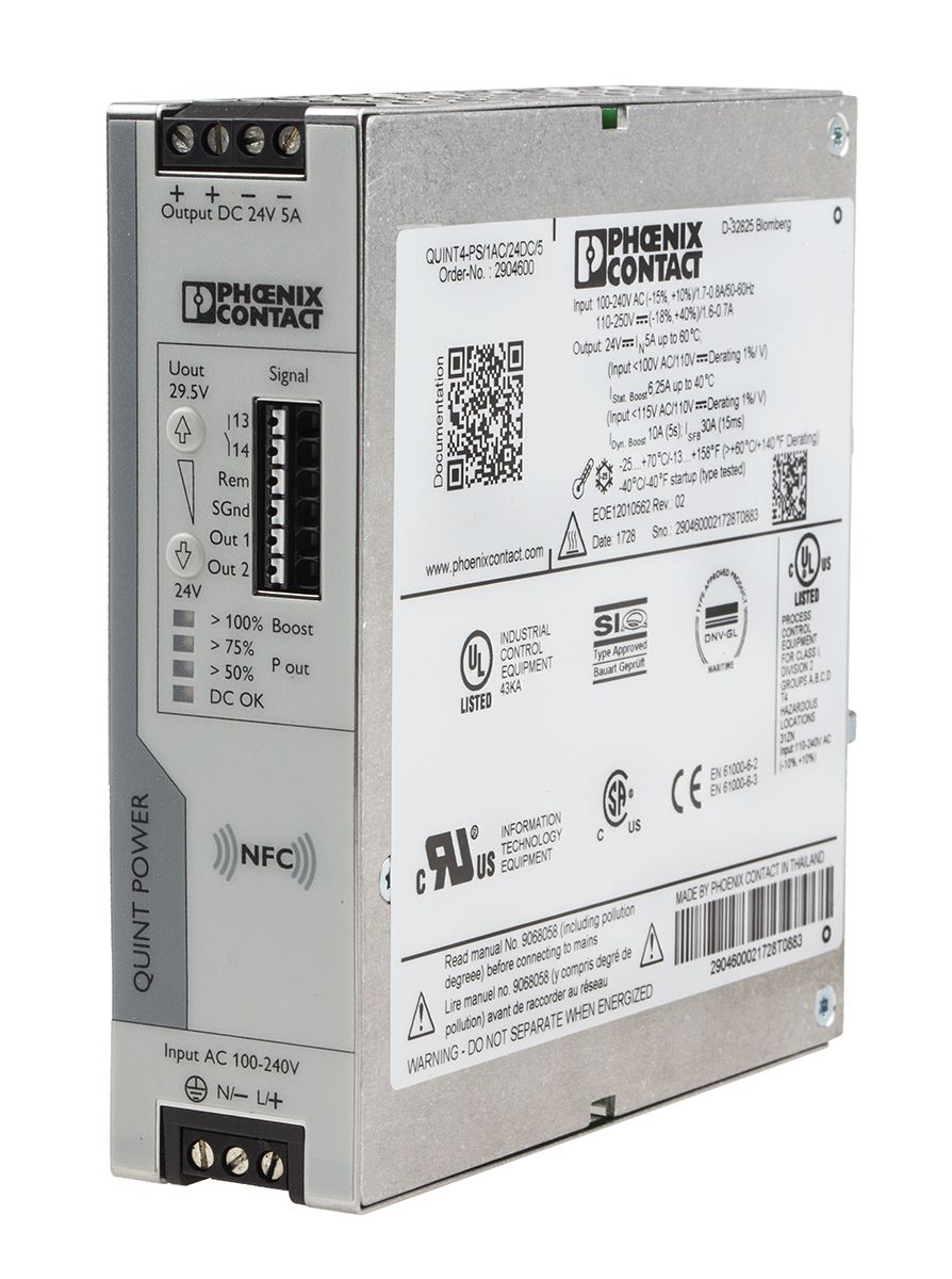 Phoenix Contact QUINT4-PS/1AC/24DC/5 Switch Mode DIN Rail Power Supply, 230V ac ac, dc Input, 24V dc dc Output, 5A