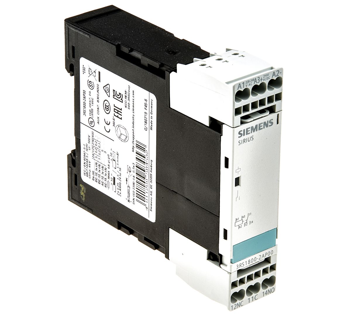 3RS18002AP00 Siemens DIN Rail Mount Interface Relay, 240V ac/dc Coil