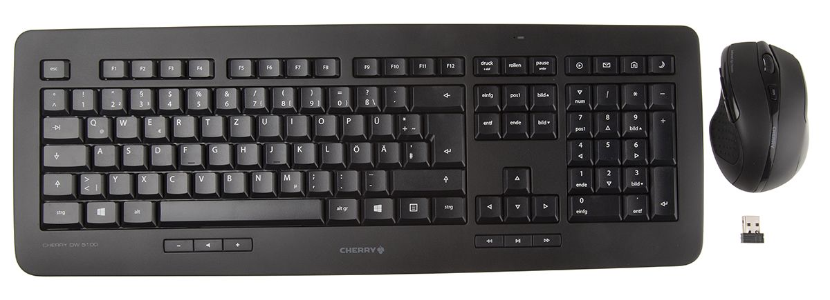 CHERRY, QWERTZ (tysk) Tastatur- og musesæt, Standard, Trådløst udstyr, USB, Sort
