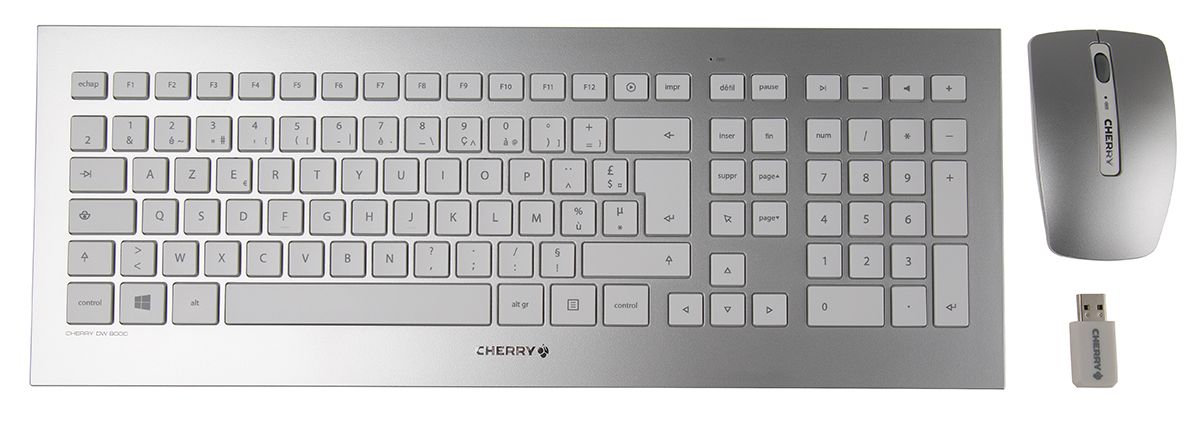 CHERRY, AZERTY Tastatur- og musesæt, Standard, Trådløst udstyr, USB, Sølv