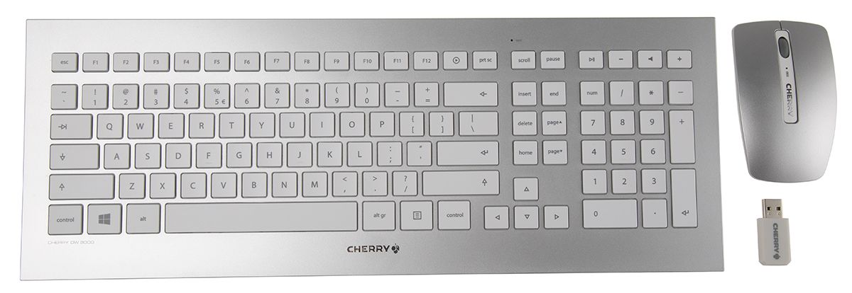 CHERRY, QWERTY Tastatur- og musesæt, Standard, Trådløst udstyr, USB, Sølv